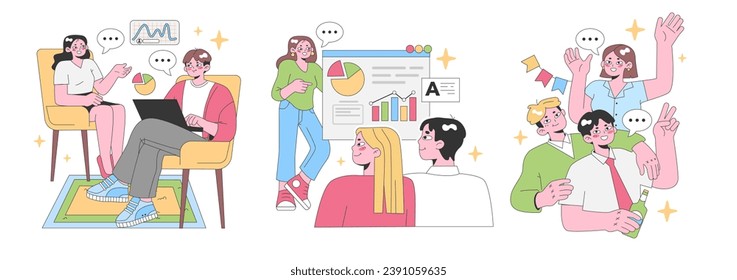 Office Dynamics set. Collaborative team discussions around charts. Laptop presentations, pie chart evaluations, peer interactions, celebratory moments. Flat vector illustration.