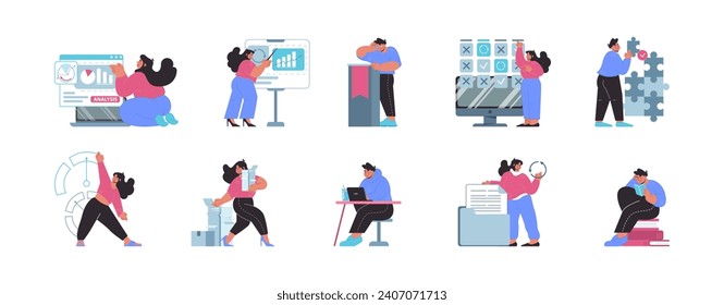 Office dynamics set. Data analysis, strategic planning, and collaborative teamwork in a corporate environment. Flat vector illustration.