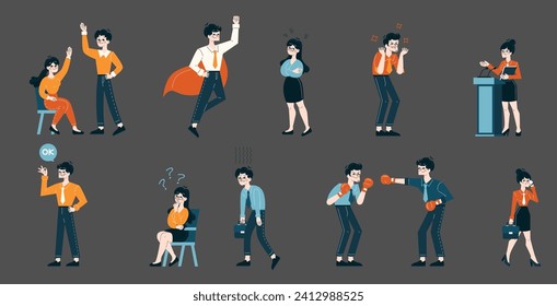Office Dynamics set. Diverse workplace actions from collaboration to conflict resolution. Employees engage in discussions, negotiations, and strategy. Flat vector illustration.