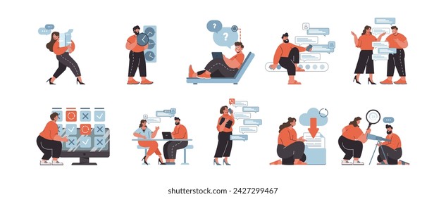 Office dynamics set. Teamwork and daily tasks in a business environment, from brainstorming to strategy implementation. Flat vector illustration.