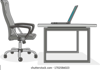 Office easy chair and a stylish designed desk with an open laptop, vector cartoon illustration on a white background