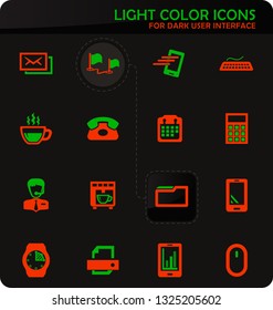 Office easy color vector icons on dark background for user interface design