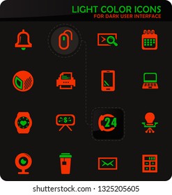 Office easy color vector icons on dark background for user interface design