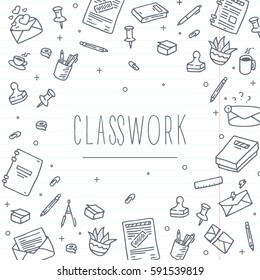 Office Or Education Tools Doodle Icons Background In Line Style