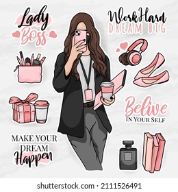 conjunto de imágenes prediseñadas de elemento de oficina con elementos modernos de jefe femenino
