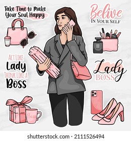 conjunto de imágenes prediseñadas de elemento de oficina con elementos modernos de jefe femenino