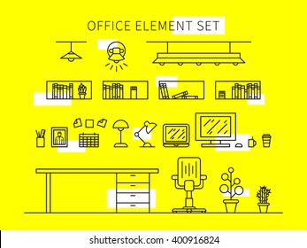 Office Element Set Line Art Vector Illustration. Isolated Office Tools Collection. Office Furniture (lamp, Computer, Shelves, Table, Books) Outline Creative Concept. Creative Designer Working Space.