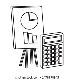 Office elements and business symbols graphs on whiteboard and calculator ,vector illustration graphic design.