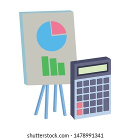 Office elements and business symbols graphs on whiteboard and calculator ,vector illustration graphic design.