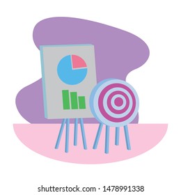 Office elements and business symbols target dartboard and graphs on whiteboard ,vector illustration graphic design.
