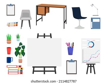 Office elements and equipment's with coffee mugs table chair file and folders presentation board clipboard