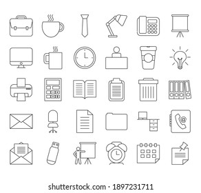 Office Elements Icon Set Over White Background, Line Style, Vector Illustration
