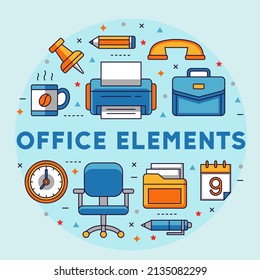 Office elements illustration design graphics. Briefcase, printer, telephone, pin, pencil, coffee cup, clock, office chair, pen, folder and calendar illustration.