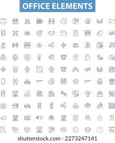 Office elements line icons, signs set. Desk, Chair, Pen, Printer, Monitor, Keyboard, Computer, File, Paper outline vector illustrations.