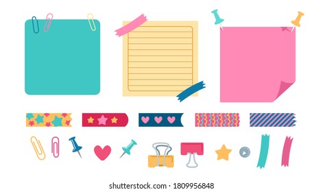 La planificación de elementos de Office establece el papel. Elementos de diseño escolar para cuaderno, diario. Portátil con clip de papel, pin, pinza de tela, colección de cintas de whisky. Mensajes de notas en blanco. Vector aislado