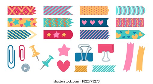 La planificación de elementos de Office establece el papel. Pegatinas de papel y alfileres metálicos, marcadores. Colección de elementos de diseño para cuaderno, diario o preservación de memorias, scrapbook. Ilustración vectorial aislada