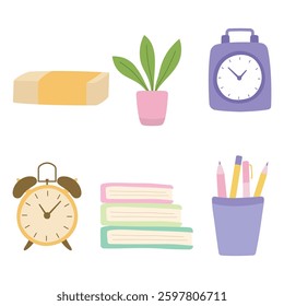 Office Elements Set of Business Stationery Books Clock Pencil Pen Plant with Soft Pastel Color