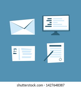 Office elements Set. Vector Isolated Graphic Design Elements. Mail, letter, envelope, text, screen, monitor, computer, document, paper, pencil, pen, text. Flat, simple, comic, cartoon illustrations