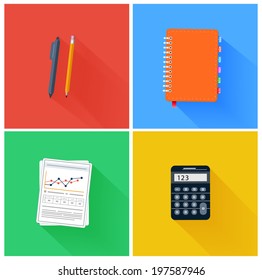 Office elements such as pen, pencil, notebook and calculator in flat design. Set for web and mobile applications of office work