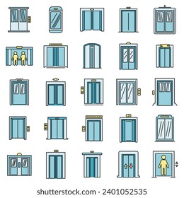 Iconos del ascensor de Office configurados. Conjunto de esquemas de iconos vectoriales del ascensor de oficina color de línea delgada plano sobre blanco