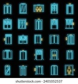 Office elevator icons set. Outline set of office elevator vector icons neon color on black