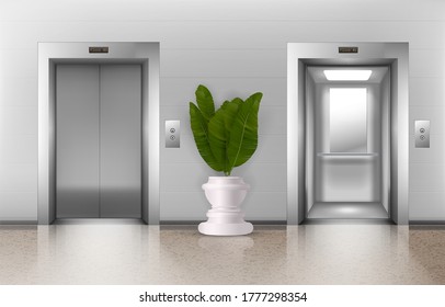 Office elevators. Realistic indoor metal office lifts in lobby with open and closed doors, buttons, potted plant. Vector floor interior architecture