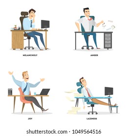 Office emotions set. Business men are lazy, melancholic or angry or joyfull.