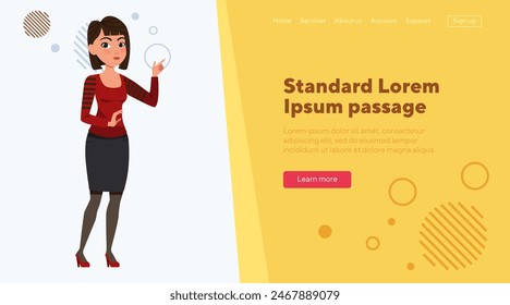 Office employee with bob haircut pointing at copyspace. Asian female cartoon character in blouse and skirt vector illustration. Business, advertising concept for banner, website design or landing page