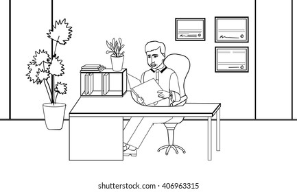 office employee. businessman. businessman. office cabinet. business. Line art doodling. the guy in the office. guy sitting.Business meeting.working environment.- modern vector illustration.