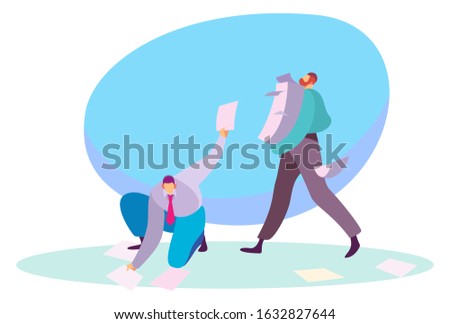 Office employee carrying pile of paperwork, deadline concept vector illustration. Man helping his manager collect lost documents, business company teamwork. People work with pile of papers in office