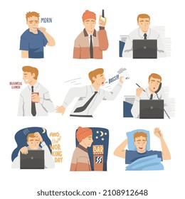 Office Employee Day Routine Waking Up, Going to Office in Public Transport and Working Vector Set