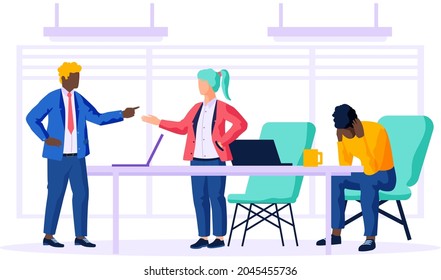 Office employee discussion, problem solving, dealing with business strategy. Colleagues are discussing upcoming bankruptcy, ruin of company. Sad businesspeople planning to solve enterprise issues