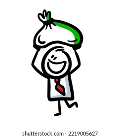 An office employee drags a bag of money over his head and smiles happily. Vector illustration of doodle stickman businessman.