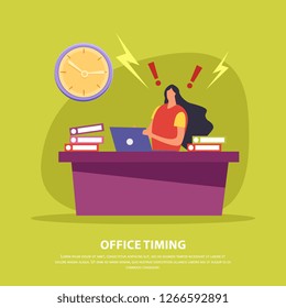Office employee during hard work in deadline on green background flat vector illustration