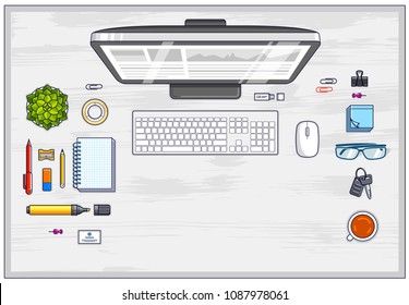 Office employee entrepreneur work desk workplace and PC computer   diverse stationery objects for work and copy space for text  All elements are easy to use separately  Vector 