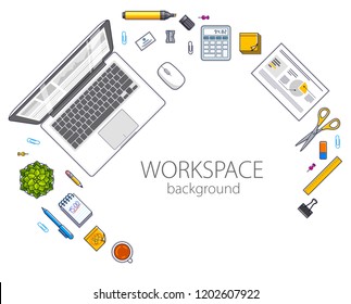 Office employee or entrepreneur work desk workplace with PC computer and diverse stationery objects for work with copy space for text. All elements are easy to use separately. Vector.