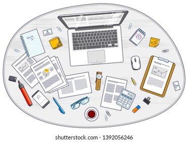 Office employee or entrepreneur work desk workplace with laptop computer and analytics papers with graphs and data and stationery objects on table. All elements are easy to use separately. Vector.