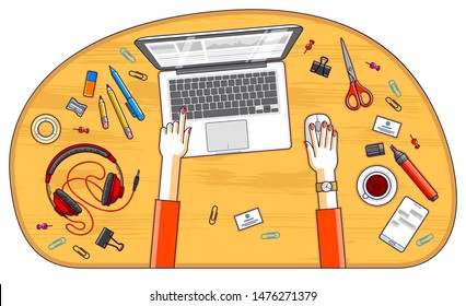 Office employee or entrepreneur work desk workplace with hands and PC notebook and diverse stationery objects for work, top view. All elements are easy to use separately. Vector illustration.