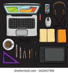 Office employee or entrepreneur work desk workplace with laptop computer and diverse stationery objects for work