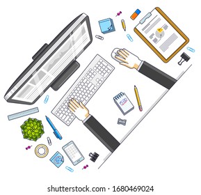 Office employee or entrepreneur work desk workplace with hands and PC computer and diverse stationery objects for work, top view. All elements are easy to use separately. Vector illustration.