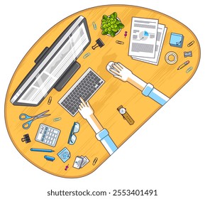 Office employee or entrepreneur work desk workplace with hands and PC computer and diverse stationery objects for work, top view. All elements are easy to use separately. Vector illustration.