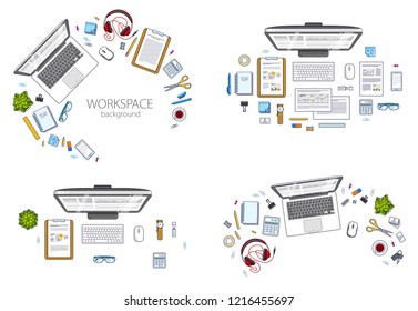 Office employee or entrepreneur work desks workplaces with PC and laptops and diverse stationery objects for work and analytics papers, top view. All elements are easy to use separately. Vector set.