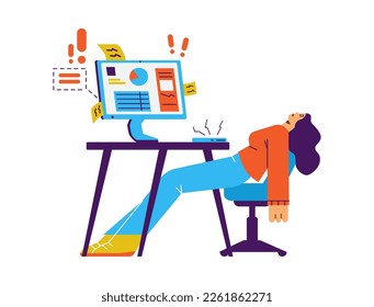 Office employee feels powerless and burned out from work, flat vector illustration isolated on white background. Burnout and stress, reduction of efficiency.