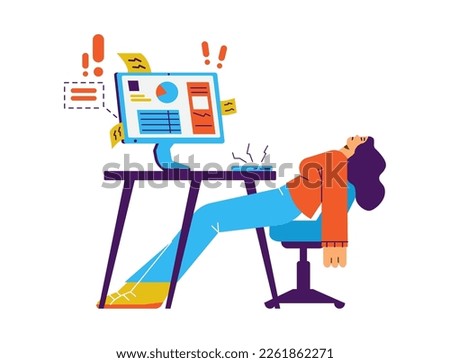Office employee feels powerless and burned out from work, flat vector illustration isolated on white background. Burnout and stress, reduction of efficiency.