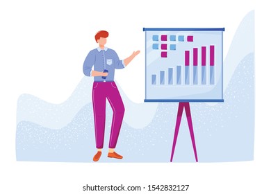 Office employee flat vector illustration. Worker presenting annual report. Staff member speaking about company performance statistics. Faceless cartoon character on white and blue background