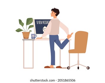 Office employee or freelance worker conducting healthy lifestyle doing stretching exercise near desk, flat vector illustration isolated on white background.