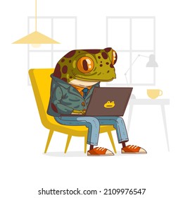 Office employee frog at work, vector illustration. Calm trendy dressed anthropomorphic frog, sitting on office chair working on laptop. Animal character with human body. Furry