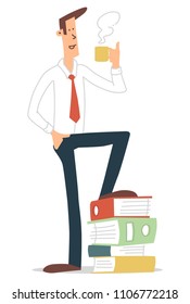 Office employee is happy to complete his huge annual report with the mug of hot coffee. Isolated vector image.