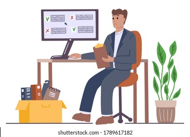 Ein Büroangestellter hat alles in einer Kiste verpackt und sucht nach einem neuen Job auf der Website. Ein Mann sitzt an einem Computer am Arbeitsplatz. Konzept der Entlassung und der Arbeitssuche. Vektorflache Illustration.