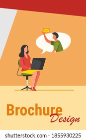 Office employee with laptop sending or receiving message. Colleagues, computer, email flat vector illustration. Internet communication concept for banner, website design or landing web page